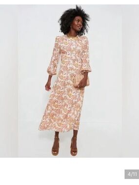 Hyacinth House Floral Sophia Floral Orange Cream Midi Dress CottageCore Girly M